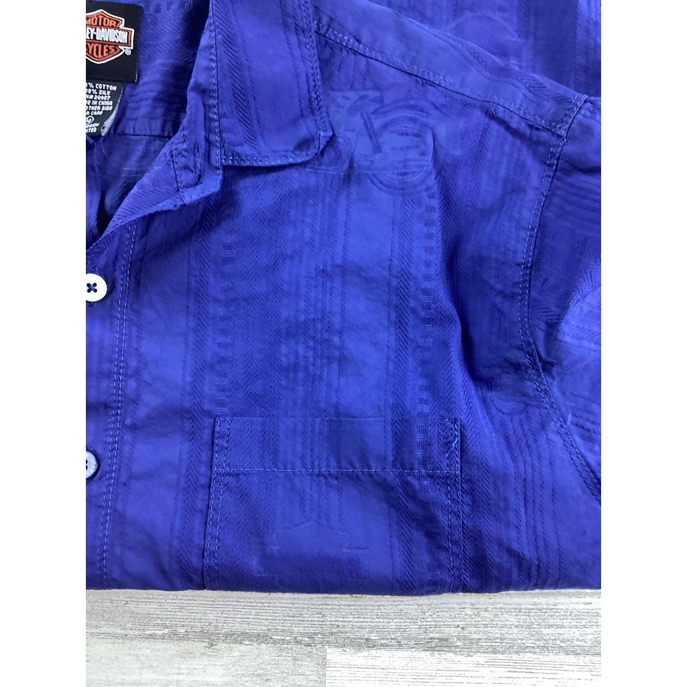 Harley Davidson Blue SS Mens Med Tone-on-Tone Motorcyle Graphics Button Up - Picture 7 of 12